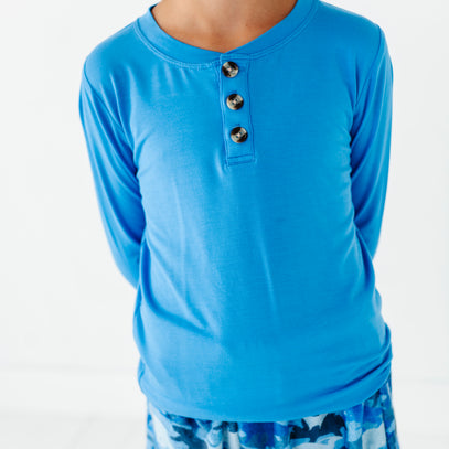 Long Sleeve Henley Tee - Blue