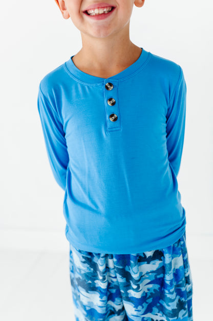 Long Sleeve Henley Tee - Blue