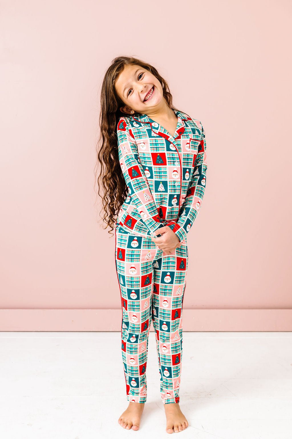 Tween Patchwork Santas Button Down PJ's