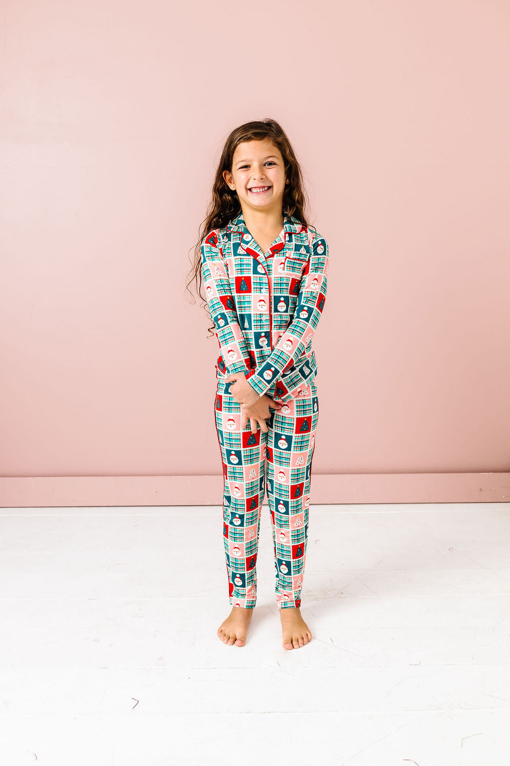 Tween Patchwork Santas Button Down PJ's