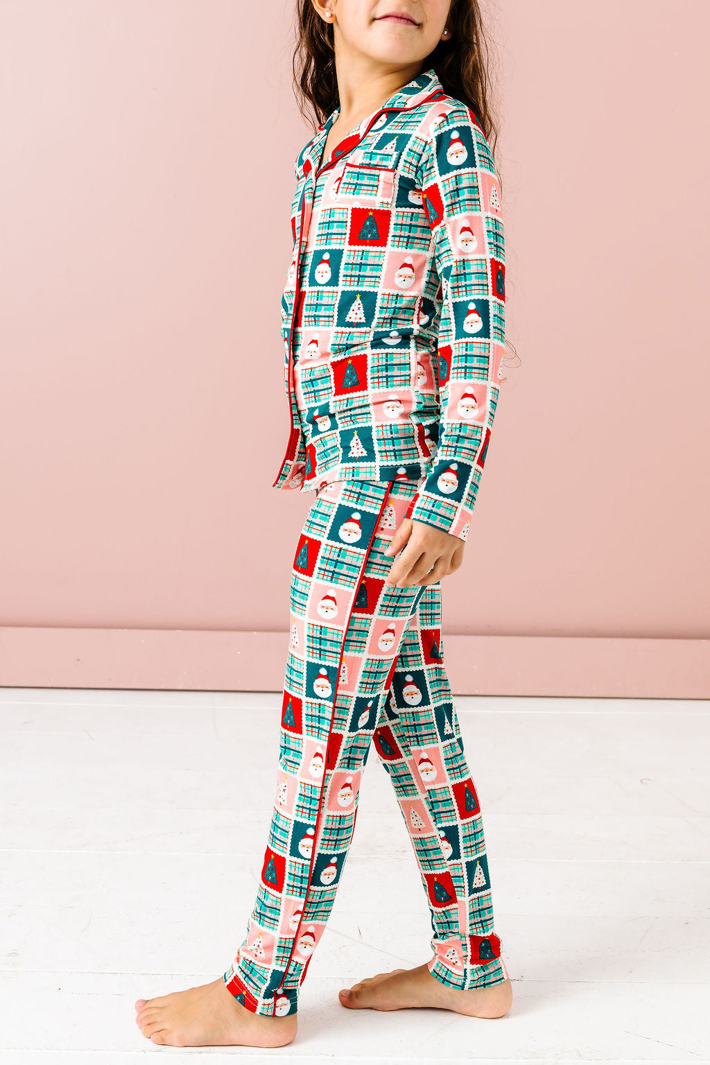 Tween Patchwork Santas Button Down PJ's