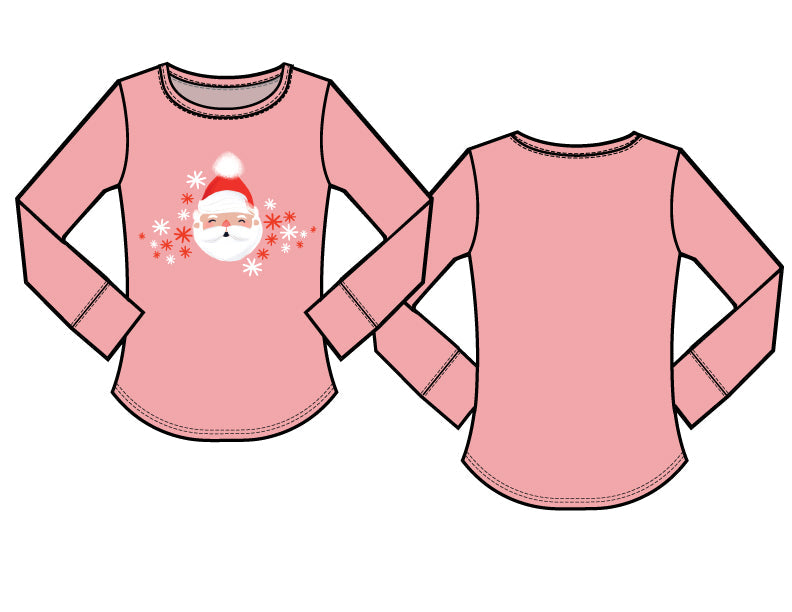 Long Sleeve Scoop Tee - Pink Santa